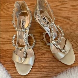 Badgley Mischka Tabby Satin Embellished Wedges - Champagne